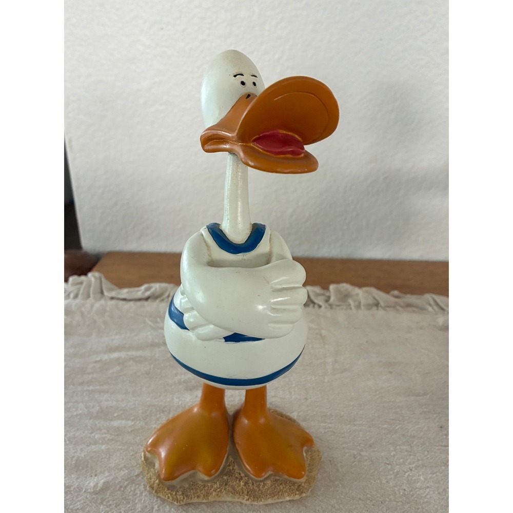 Vintage Nautical Grumpy Duck Figurine Resin Beach Decor Blue White Striped 8 in